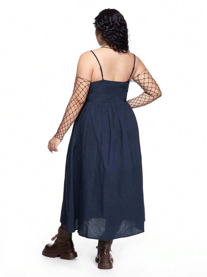 Fairycore Plus Size Botanical Embroidered Button Front Sleeveless Dress