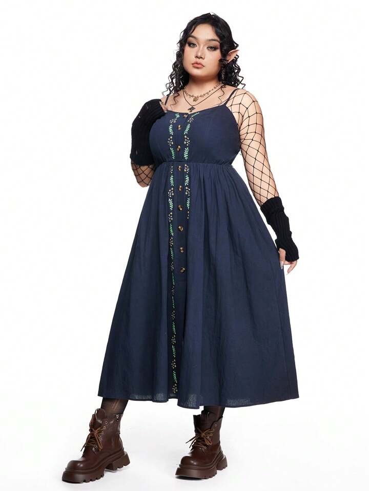 Fairycore Plus Size Botanical Embroidered Button Front Sleeveless Dress