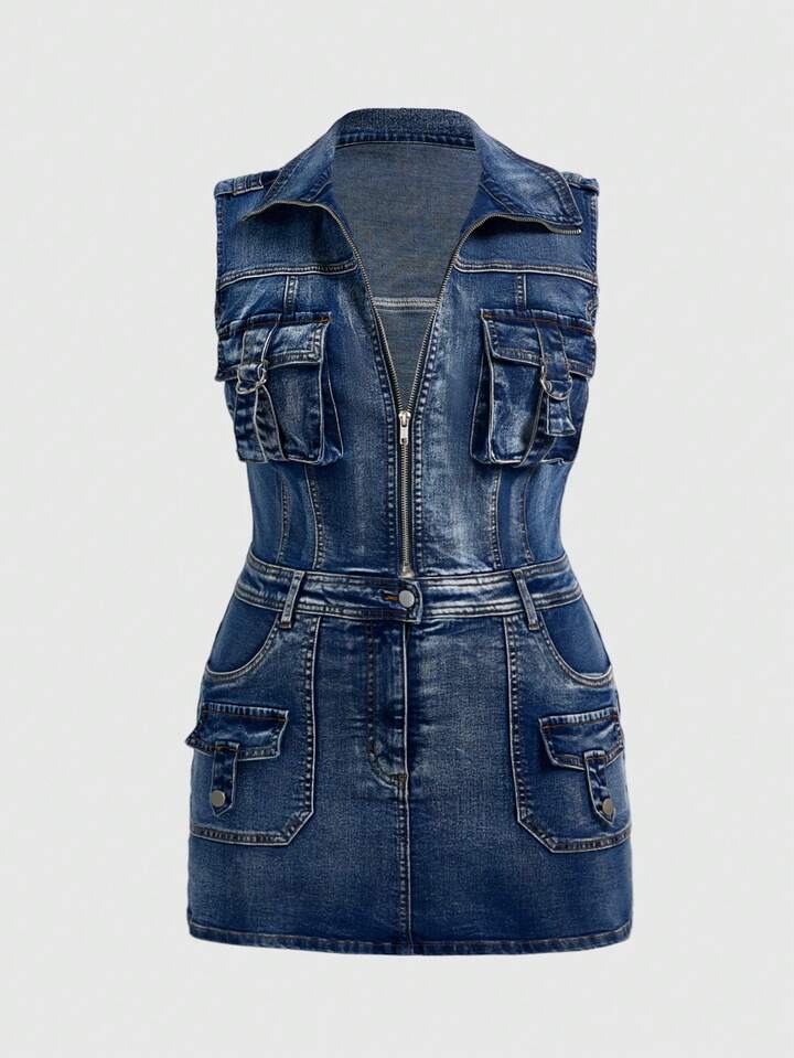 J-Fashion Plus Size Versatile Bodycon Waist Cinched Mini Bodycon Denim Dress
