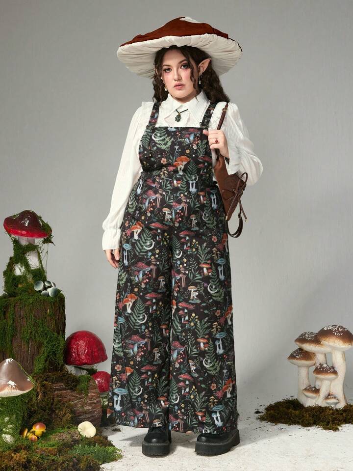 Fairycore Plus Size Casual Versatile Forest Mushroom Pattern Jumpsuit/Winter