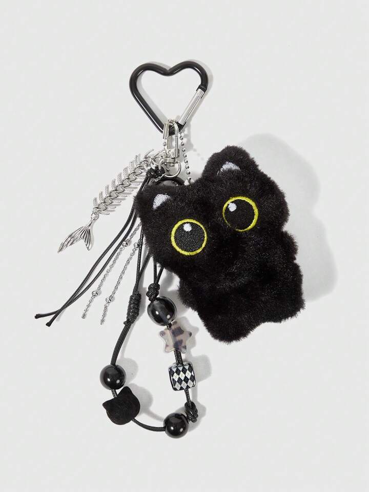 Kawaii 1pc Ins Style Black Cat Bag Charm Accessories, Leather Star Black Cat Bag Pendant