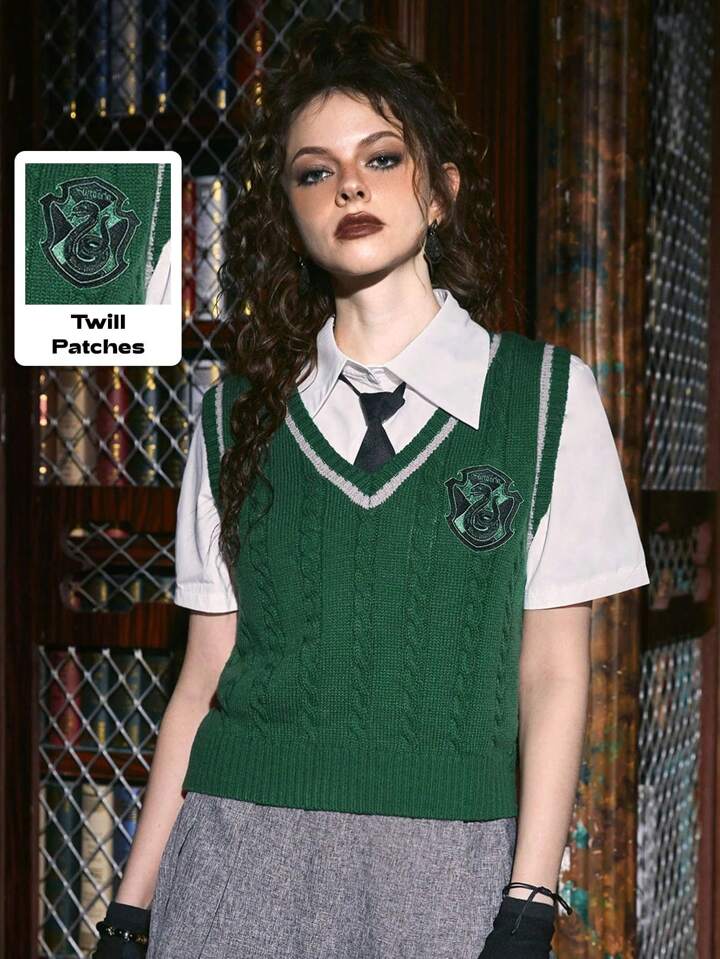 Harry Potter | ROMWE Badge Pattern Striped Trim Sweater Vest Without Blouse, School