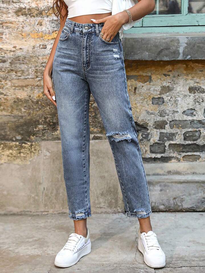 High Waist Ripped Frayed Hem Mom Jeans Winter Casual