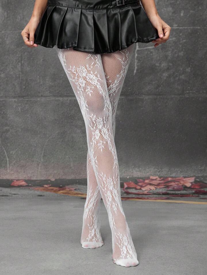 Goth 1 Pair White Floral Fishnet Tights/Pantyhose