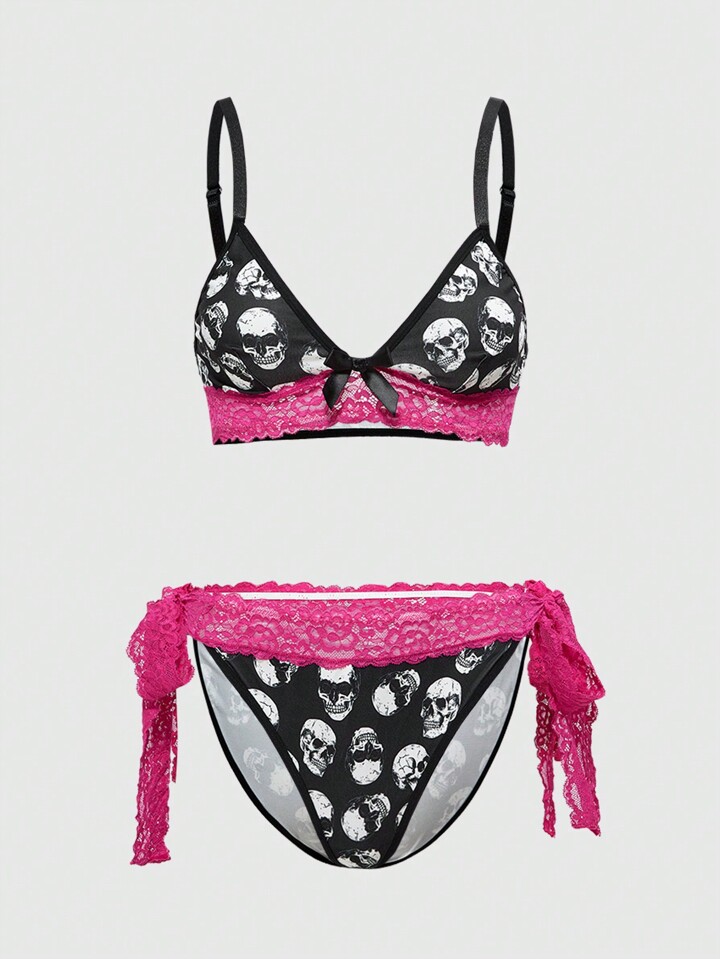 Goth Rose & Contrast Lace Skull Print Sexy Lingerie Set For Women