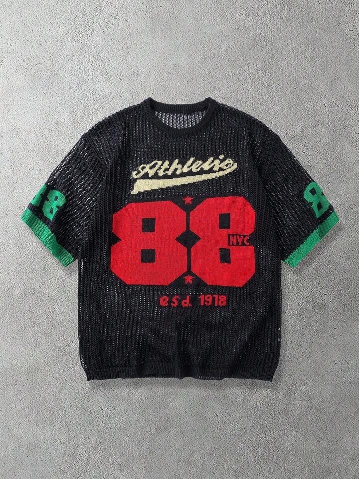 Men's Letter & Number Hollow-Out Knit Sweater