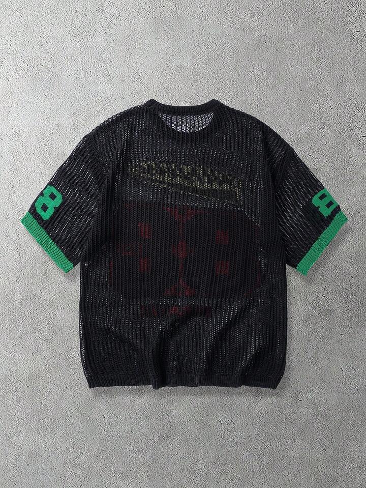 Men's Letter & Number Hollow-Out Knit Sweater