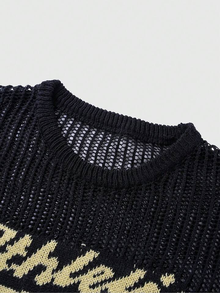 Men's Letter & Number Hollow-Out Knit Sweater
