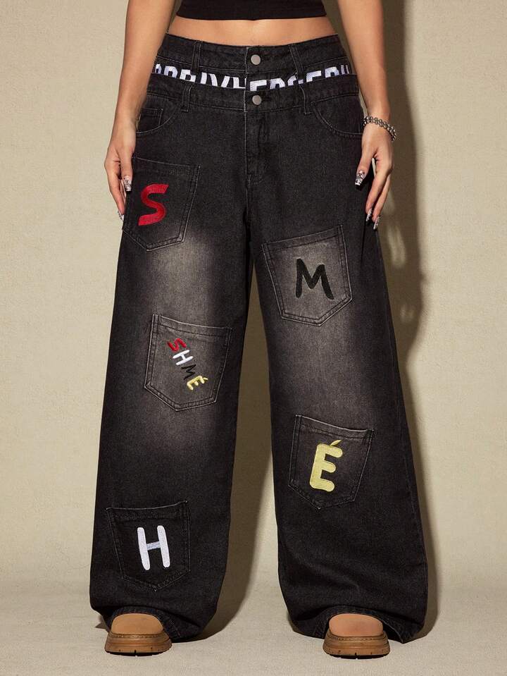 Street Life Y2K Streetwear Embroidered Pocket Design Low Waist Loose Fit Jeans