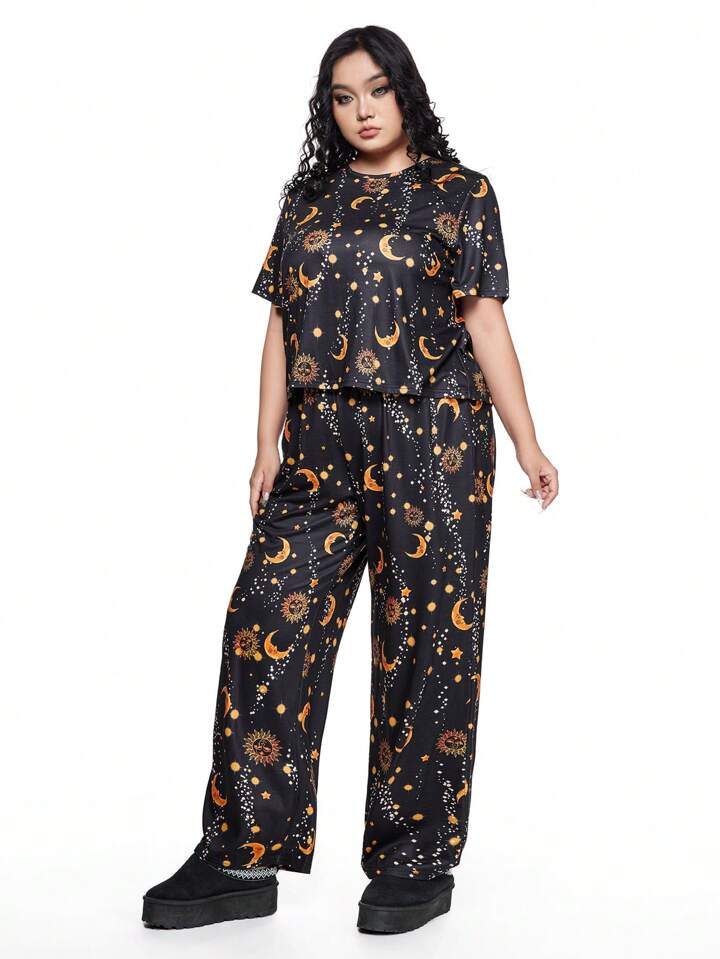 Plus Size Hippie Sun And Moon Print Short Sleeve T-Shirt And Pants Casual Sleepwear Set