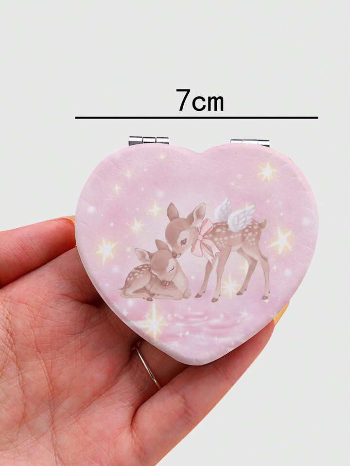 Kawaii 1pc Pink Bowknot PU Heart Shaped Makeup Compact Mirror, Random Pattern 2 Kawaii 1pc Pink Bowknot PU Heart Shaped Makeup Compact Mirror, Random Pattern
