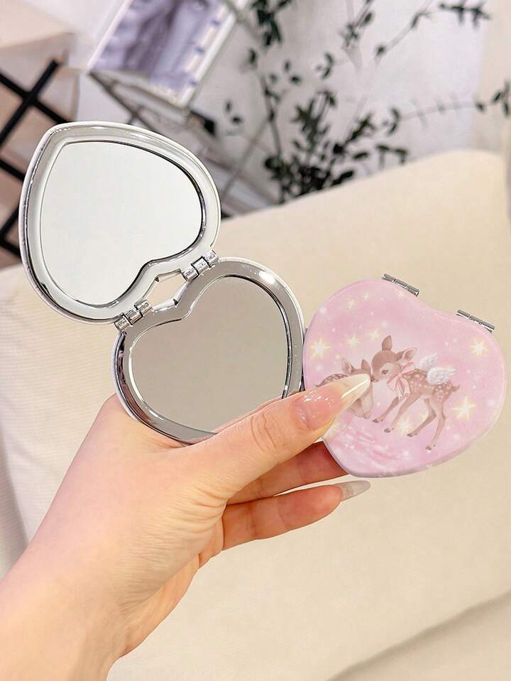 Kawaii 1pc Pink Bowknot PU Heart Shaped Makeup Compact Mirror, Random Pattern 3 Kawaii 1pc Pink Bowknot PU Heart Shaped Makeup Compact Mirror, Random Pattern