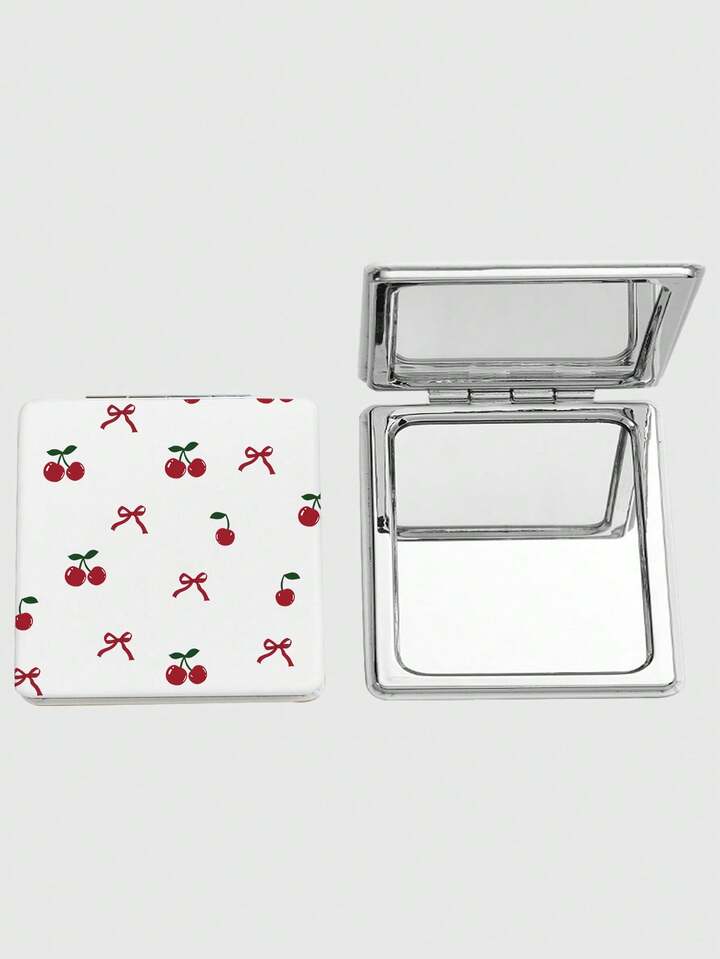 Kawaii 1pc Pink Bow & Heart Print Square Makeup Mirror, Portable Hand Held Mirror For Girls (Pattern Placement Random)
