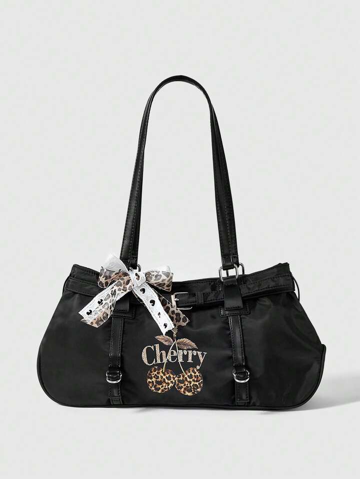Kawaii 1572224 Women's Retro Y2K Commuting Versatile Large Capacity Bowknot Cherry Sweet Cool Shoulder Tote Bag