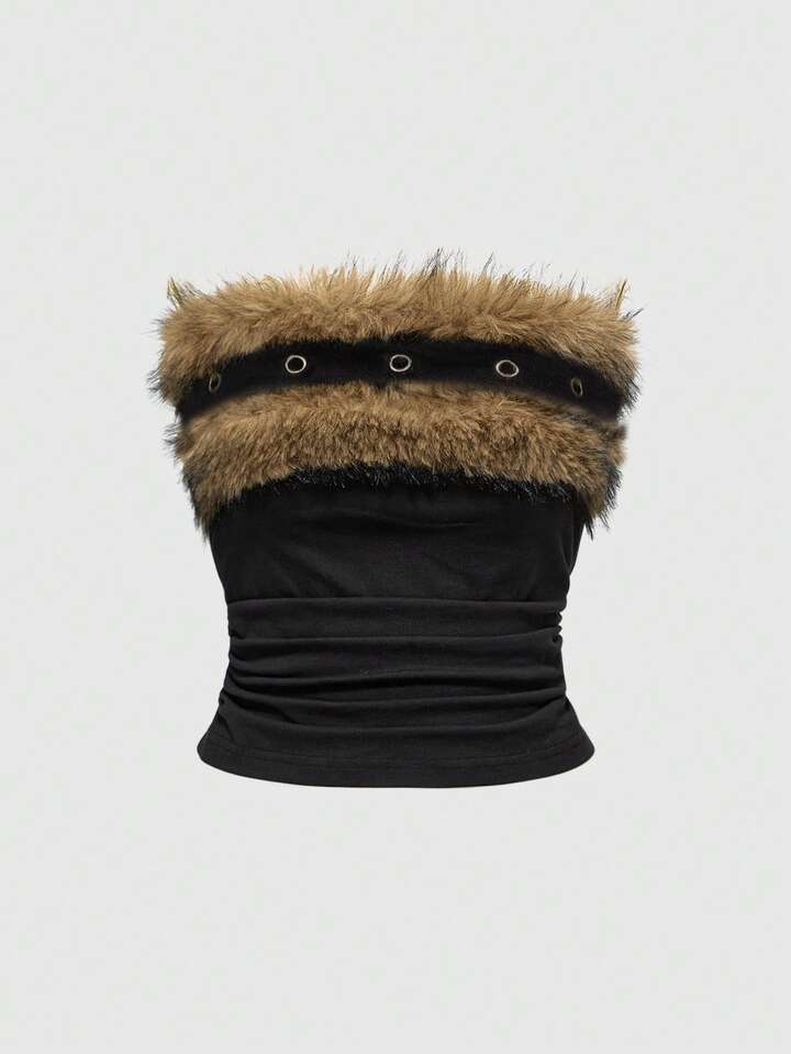 Grunge Punk Y2K Sexy Animal Print Buckle Crop Top With Faux Fur Collar