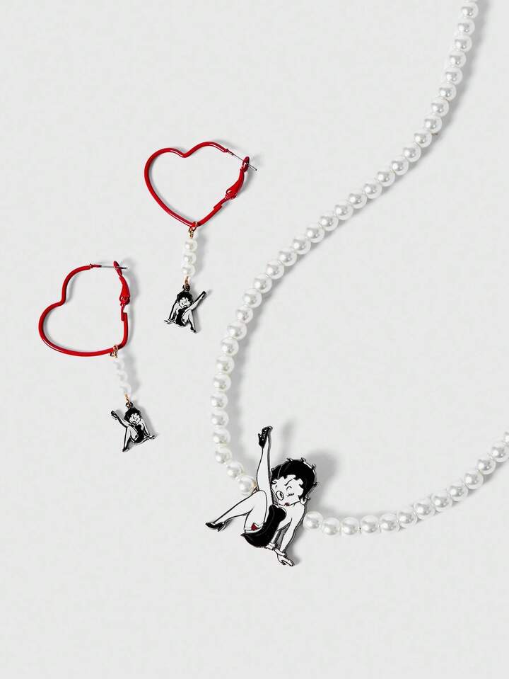 Betty Boop | ROMWE Elegant Faux Pearl Necklace And Earring Set With Cute Heart And Figure Pattern