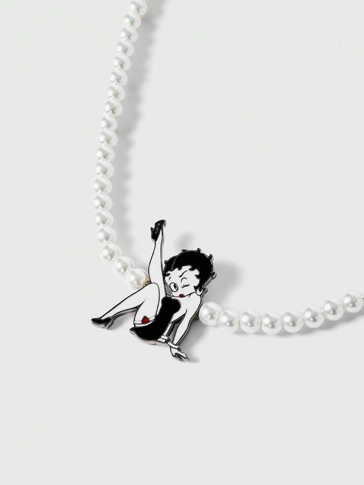 Betty Boop | ROMWE Elegant Faux Pearl Necklace And Earring Set With Cute Heart And Figure Pattern