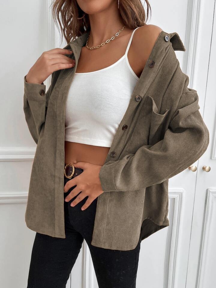 1pc Solid Button Up Corduroy Shirt Fall Cloth For Women