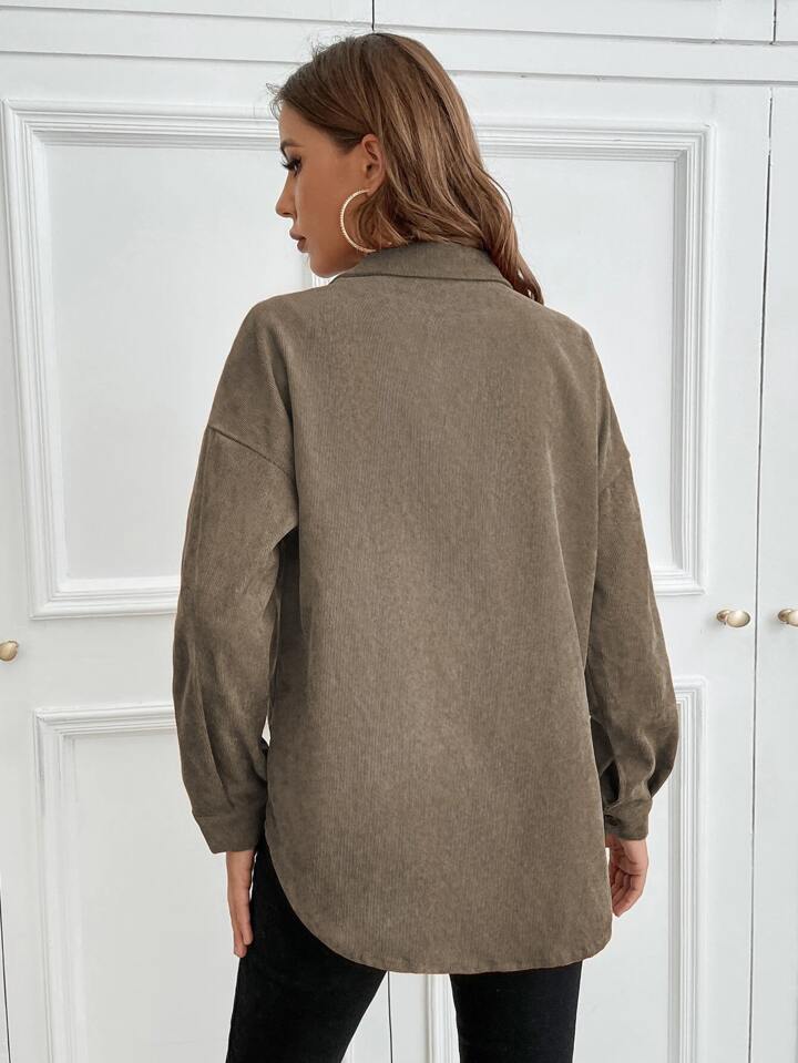 1pc Solid Button Up Corduroy Shirt Fall Cloth For Women