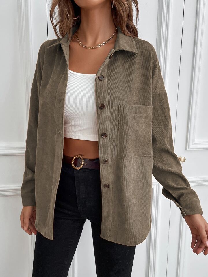 1pc Solid Button Up Corduroy Shirt Fall Cloth For Women