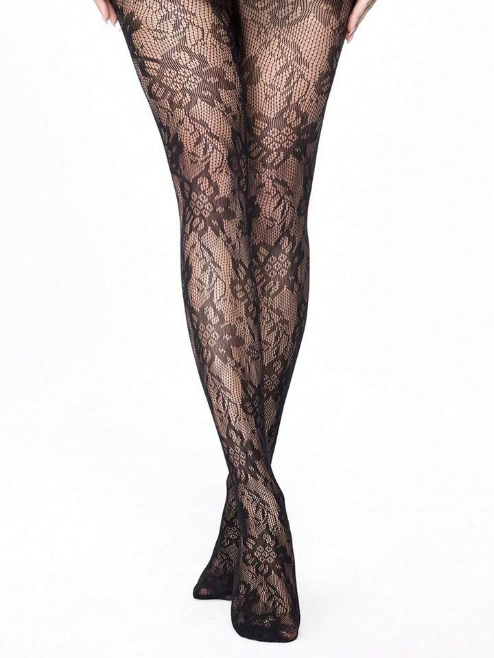 ROMWE Avant 1 Pair Sexy Floral Lace Fishnet Tights, Vintage Erotic Dark Opaque Pantyhose, Thin And Stretchy Sheer Stocking