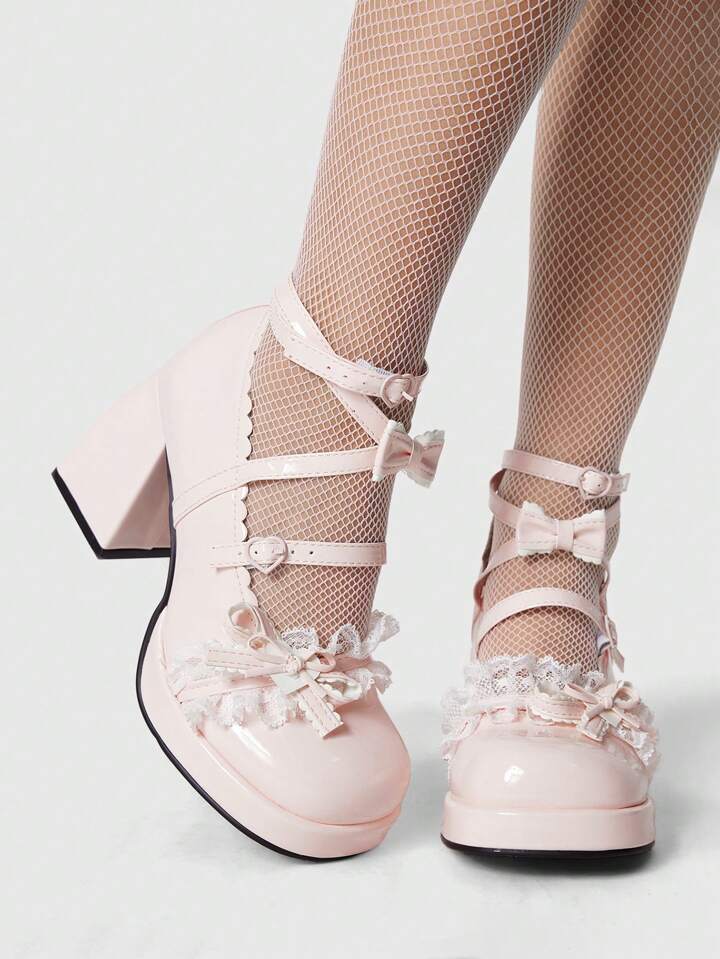 Kawaii Women Gothic Style Closed Toe Thick Heel Lace Up Lolita Mary Jane Platform Pumps