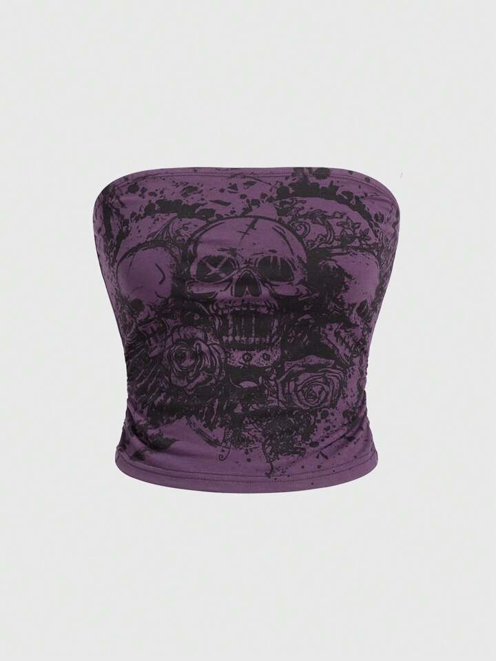 Goth Women's Fashionable Skull & Flower Print Tube Top, Summer
