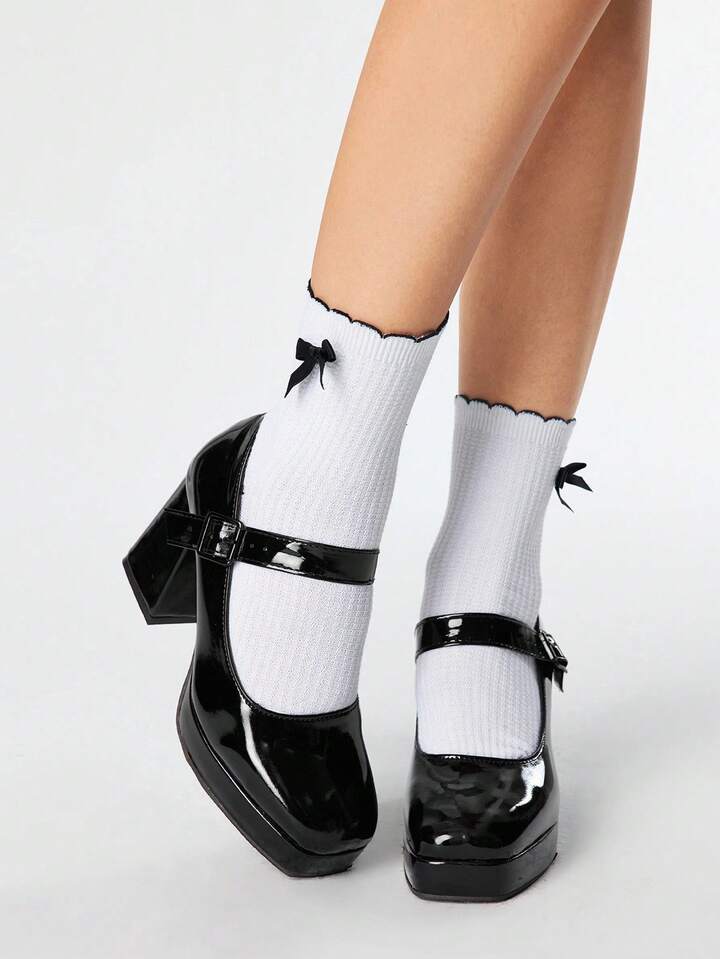 Kawaii Women's Black High Heel Shoes, Closed Toe, Strap Mary Jane Pumps With Platform, Gothic Lolita Bow Design, Sweet JK Style For Ladies