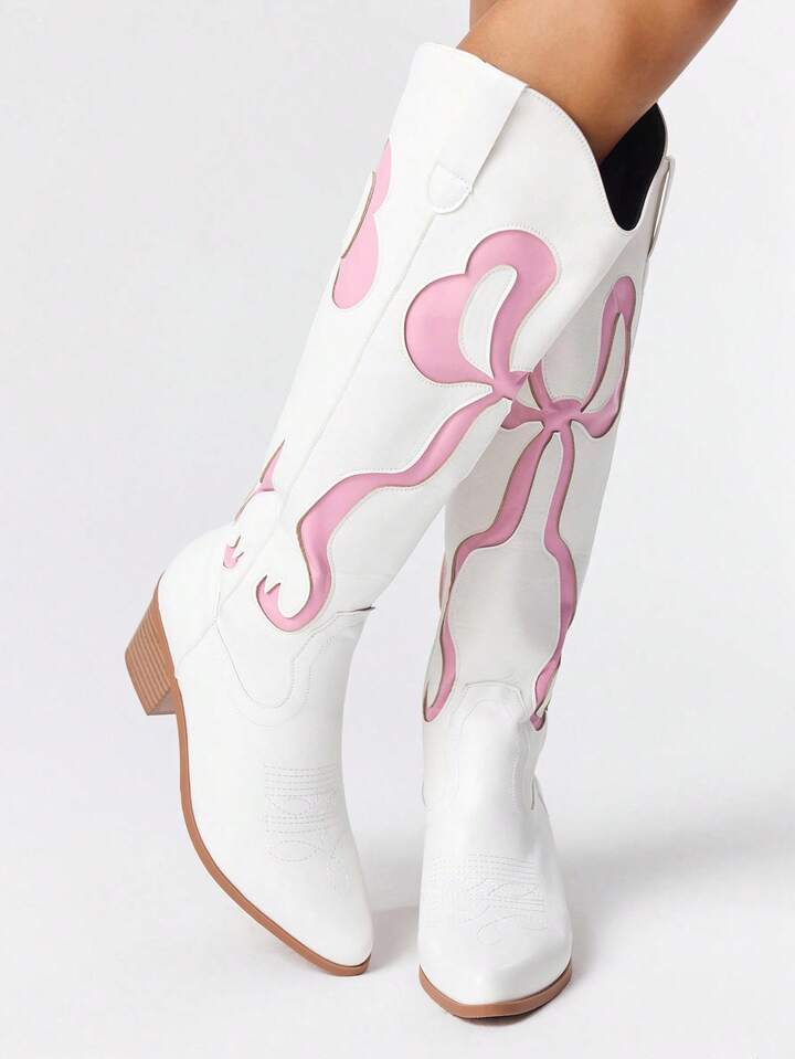 Kawaii Women's Cutout Bow Embroidered White Western Boots, Spring/Autumn New Leather Over-The-Knee Boots For Christmas