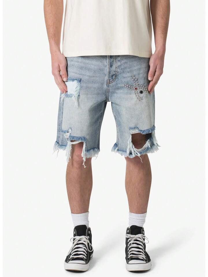Men's Loose Fit Bermuda Denim Shorts With Stud Decoration, Ripped Hem