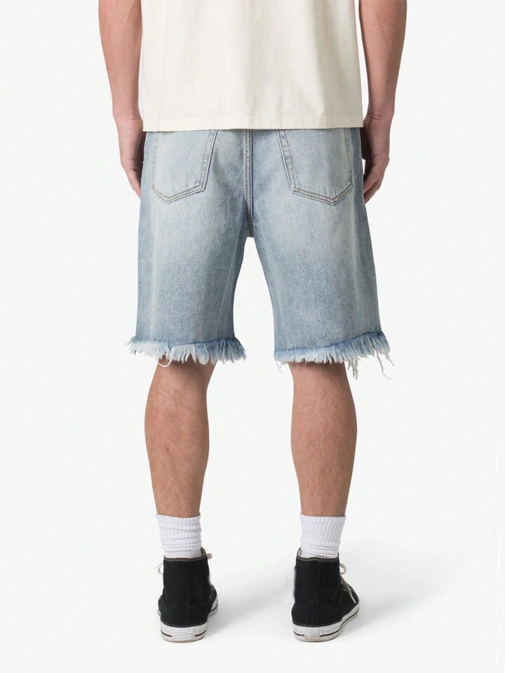 Men's Loose Fit Bermuda Denim Shorts With Stud Decoration, Ripped Hem