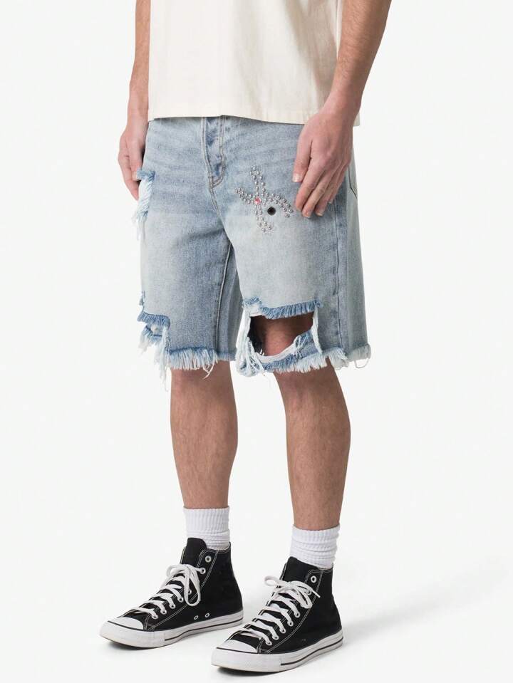 Men's Loose Fit Bermuda Denim Shorts With Stud Decoration, Ripped Hem
