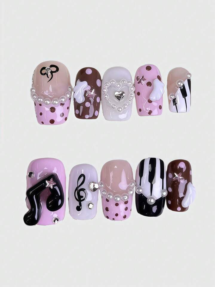 Anime 10pcs Y2K Retro Polka Dot, Striped, Pop Art, Grunge, Wing, Music Note Decorated Handmade False Nails, Suitable For College, Music Festivals, Dates, Etc.