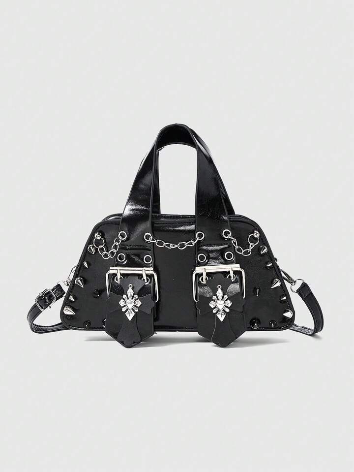 Grunge Punk Dark Punk Style Cross Decor Handbag, Rivet Chain Element Cool Niche Design, Fashionable Bag For Street Catching Eyes