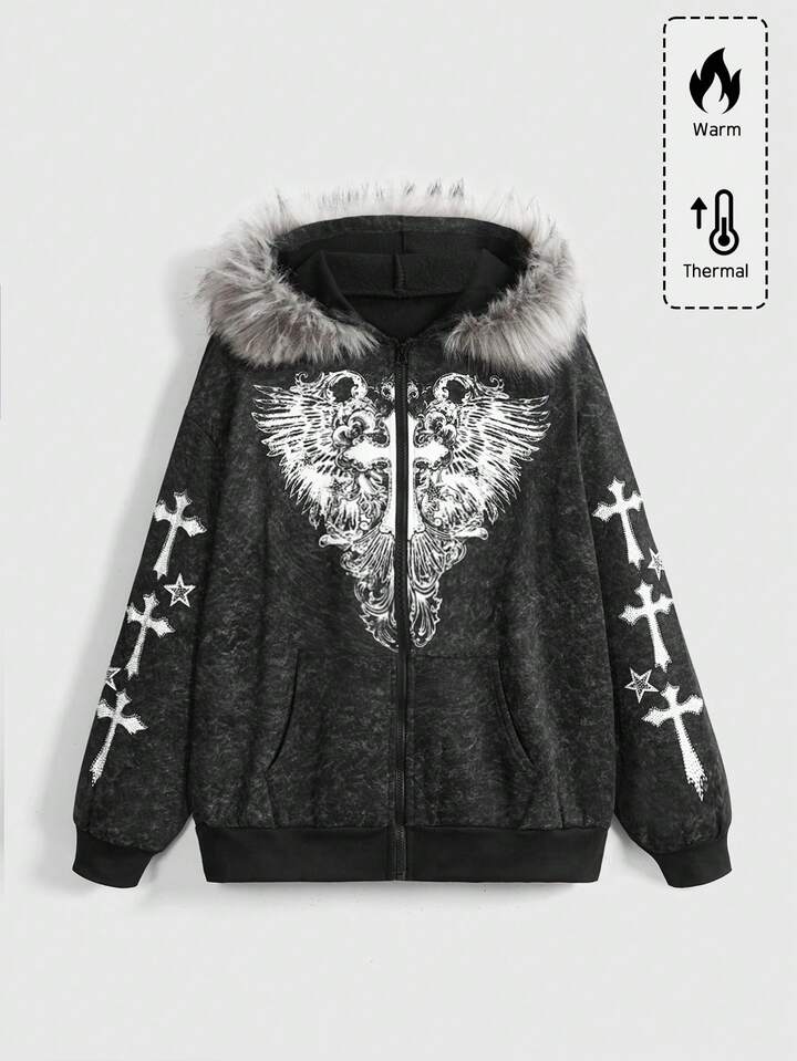 Fairycore Plus Size Women Distressed Cross & Wing Rhinestone Zip-Up Sweatshirt, Loose Fit