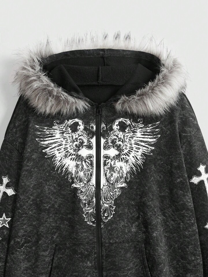 Fairycore Plus Size Women Distressed Cross & Wing Rhinestone Zip-Up Sweatshirt, Loose Fit