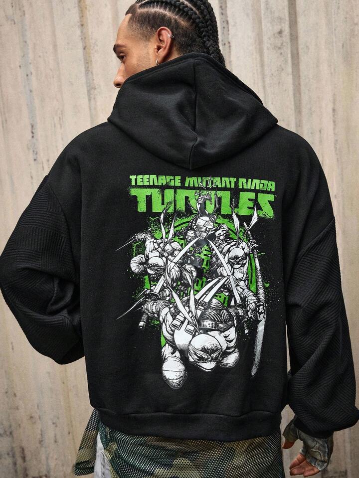TEENAGE MUTANT NINJA TURTLES X ROMWE Men's Casual Letter & Turtle Print Hoodie, Autumn