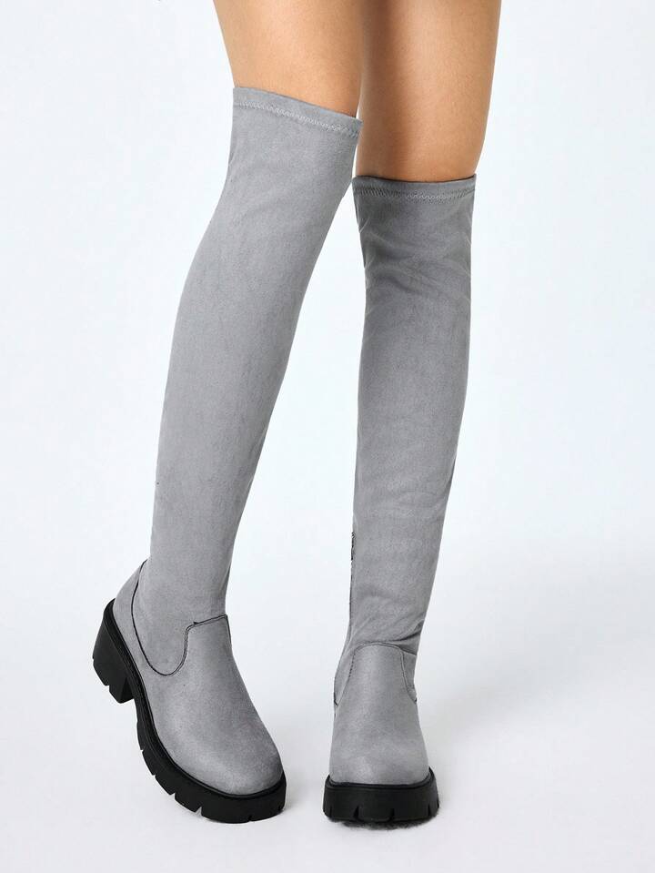 Goth Women's Fashion Over The Knee Boots Comfortable Round Toe Chunky Block Heels Thigh High Fall Boots With Adjustable Drawstring And Side Zipper