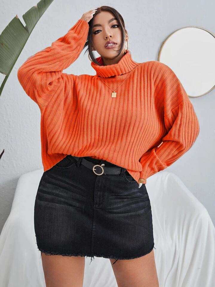 Plus Turtleneck Drop Shoulder Sweater, For Winter Knit Pullover Fall Outfit