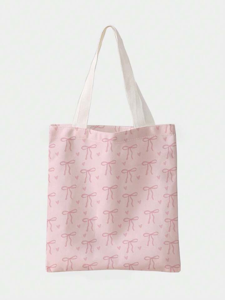 Fairycore 1pc Cute Pink Bow Print Double-Sided Canvas Tote Bag, Cute Bow Bag For Women , Bow