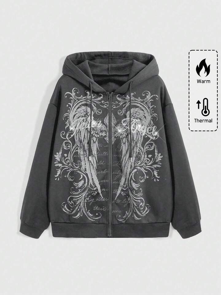 Fairycore Plus Size Women Vintage Wing & Thorn Print Letter Rhinestone Embellished All-Match Pullover Sweatshirt
