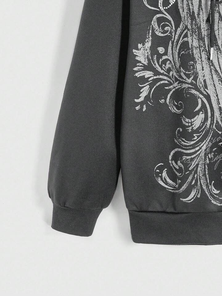 Fairycore Plus Size Women Vintage Wing & Thorn Print Letter Rhinestone Embellished All-Match Pullover Sweatshirt