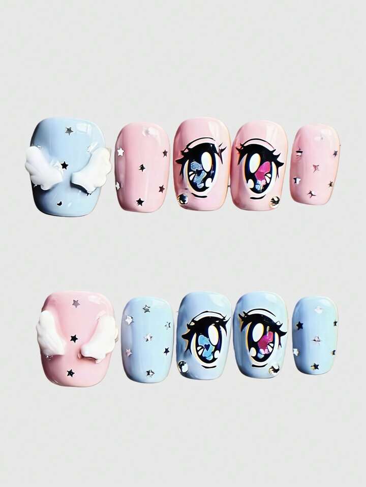 10pcs Blue & Pink Kawaii Cute Eye Decor Angel Wings Y2K Star Minimalist Mass Produced Handmade False Nails, Suitable For Anime, Campus, Dates, Shopping, Etc.
