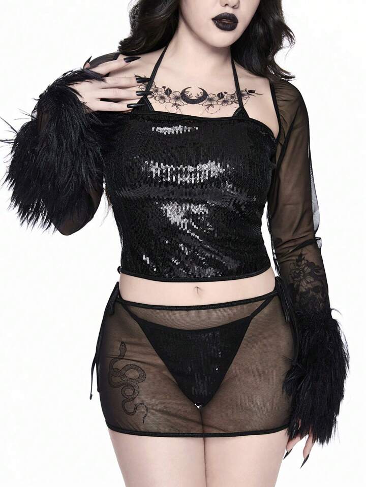 J-Fashion 4pcs Glitter Lace Up Bralette, Furry Cuff Long Sleeve Sheer Sexy Lingerie Set