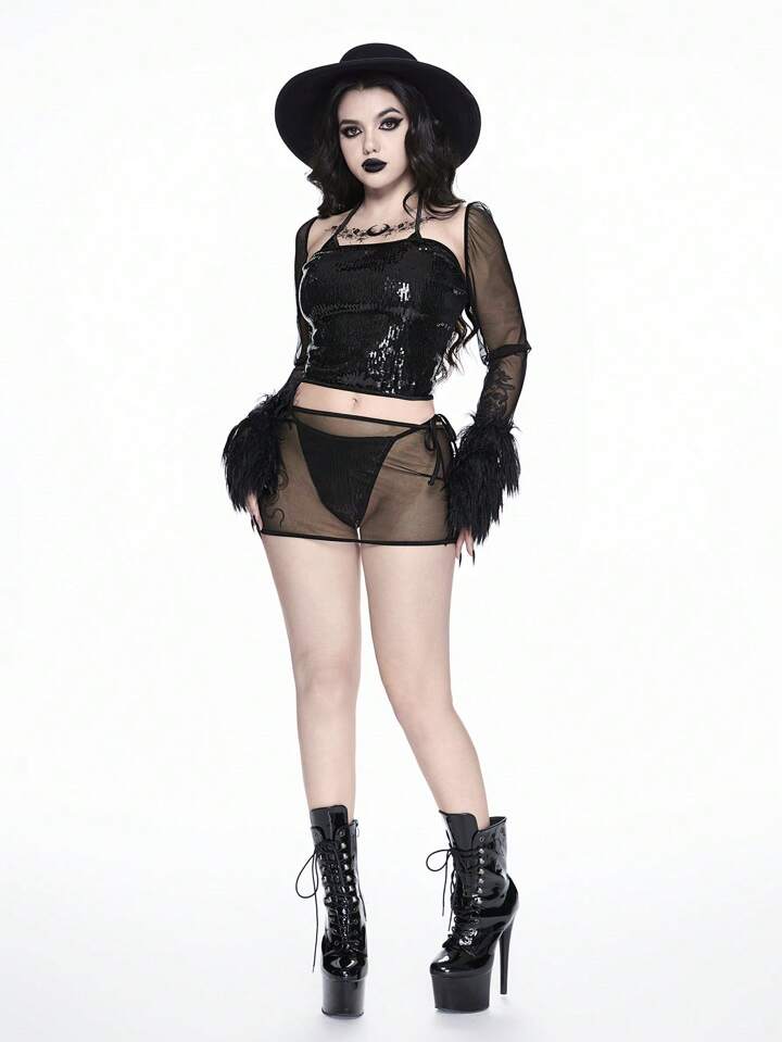 J-Fashion 4pcs Glitter Lace Up Bralette, Furry Cuff Long Sleeve Sheer Sexy Lingerie Set