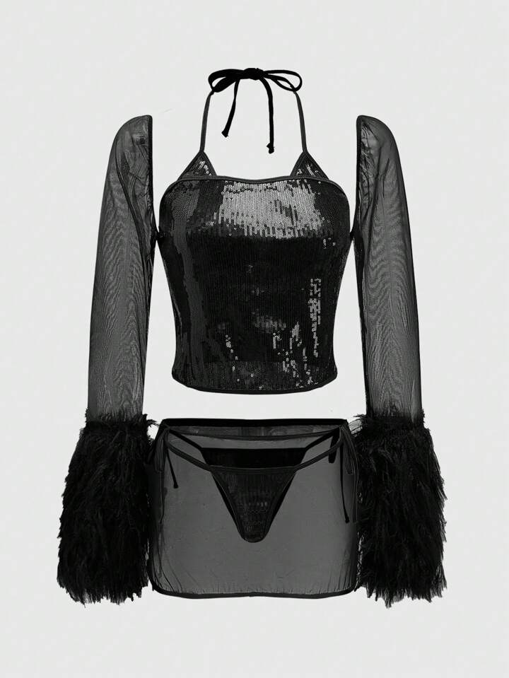 J-Fashion 4pcs Glitter Lace Up Bralette, Furry Cuff Long Sleeve Sheer Sexy Lingerie Set