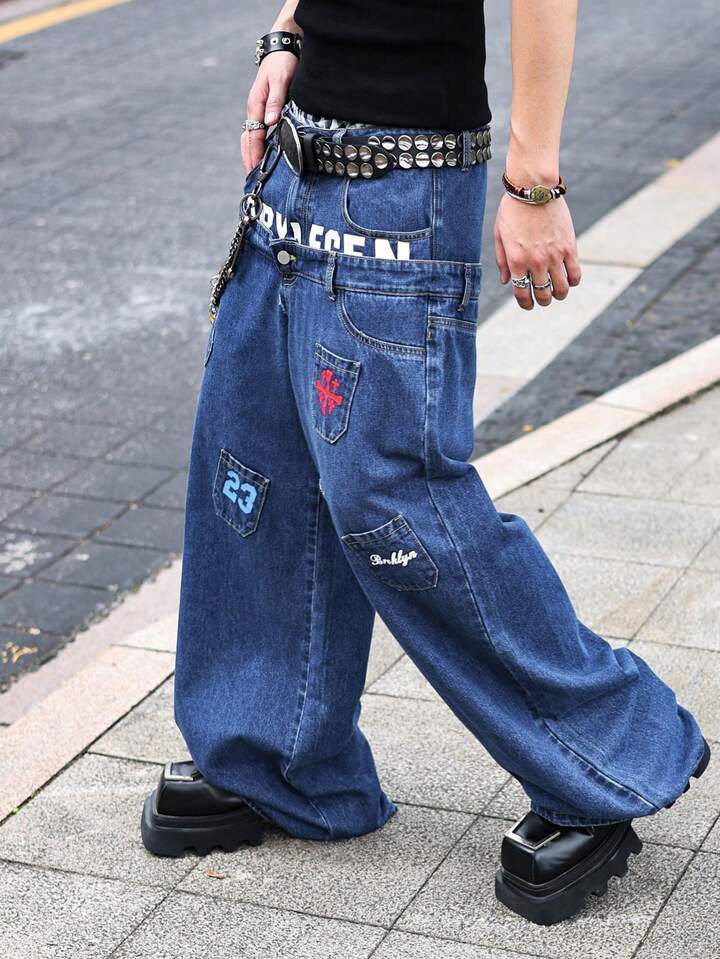 Street Life Men's Washed Double Waistband Wide Leg Jeans