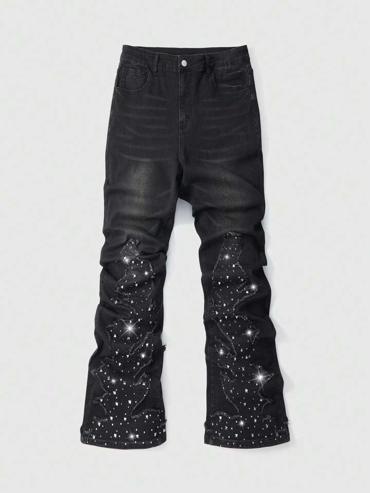Men's High Waist Fashionable Rhinestone Embellished Casual Jeans