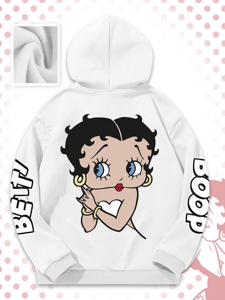 Betty Boop | ROMWE Men's Zip-Up Hoodie With Cartoon Graphic, Comfortable For Autumn/Winter, Long Sleeve Top