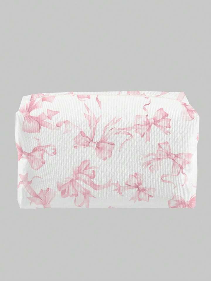 Kawaii Cute Pink Bow Pattern Octagonal Velvet Makeup Bag